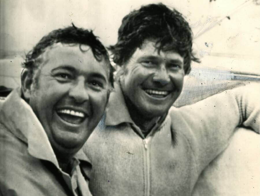Alan Bond (L) and syndicate Noel Robins after earning the right to challenge for the America's Cup 1977. Fairfax image.
