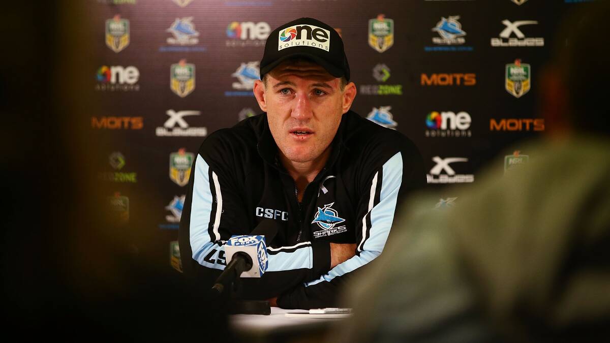 Paul Gallen of the Sharks talks to the media after the round seven NRL match between the Cronulla-Sutherland Sharks and the Sydney Roosters at Remondis Stadium on April 19, 2014 in Sydney, Australia. Photo: Mark Nolan/Getty Images.
