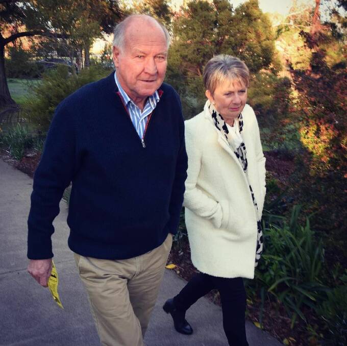 Tony Windsor arrives at Werris Creek Public School with his wife Lynn, where he addressed the media before voting in the 2016 Federal Election.