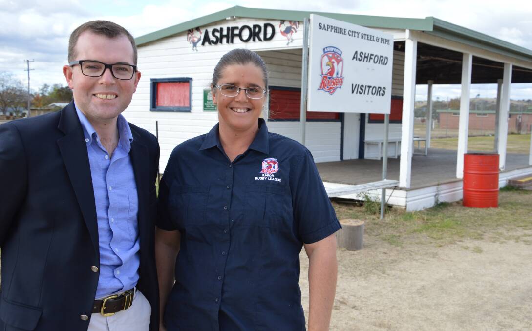 Northern Tablelands MP Adam Marshall with Ashford Roosters Junior Rugby League Club official Kat Tulczyn at the mighty Roosters’ home ground. 