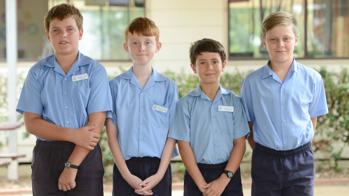 St Michael’s Primary School Manilla  From left, Michael Purtle (Sports Captain), Thomas MacPherson  (Captain), Hamish Sparke (Captain), Thomas Ferguson (Sports Captain). 
Photo: Barry Smith 180214BSF02