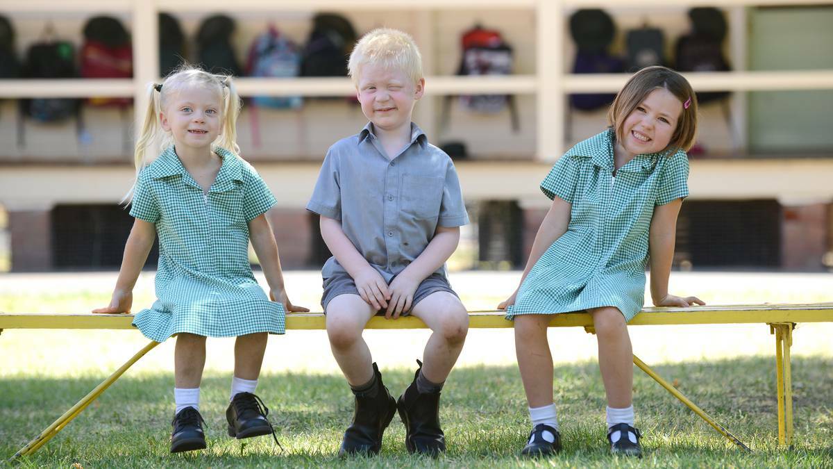 HERE’S LOOKING AT YOU, KID: Wallabadah Public School kindergarten kids Kyiah Holland, Dylan Stocks and Breanna Young get ready for the official portrait. Photo: Barry Smith 110214BSJ02 – The Northern Daily Leader