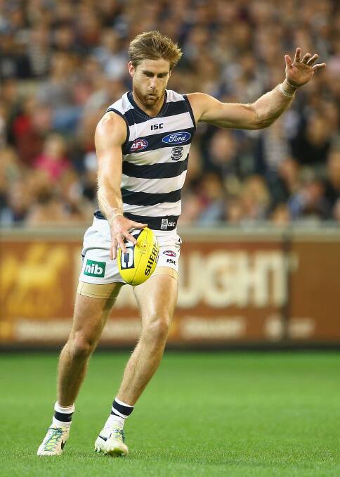 Tom Lonergan of the Cats kicks during the round three AFL match at the MCG. Geelong ran out 87 points to Collingwood's 76. Picture: Getty Images