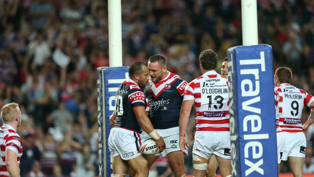 Sam Moa after scoring for the Roosters in the World Club Challenge game against Wigan Warriors at Allianz Stadium. Picture: Anthony Johnson