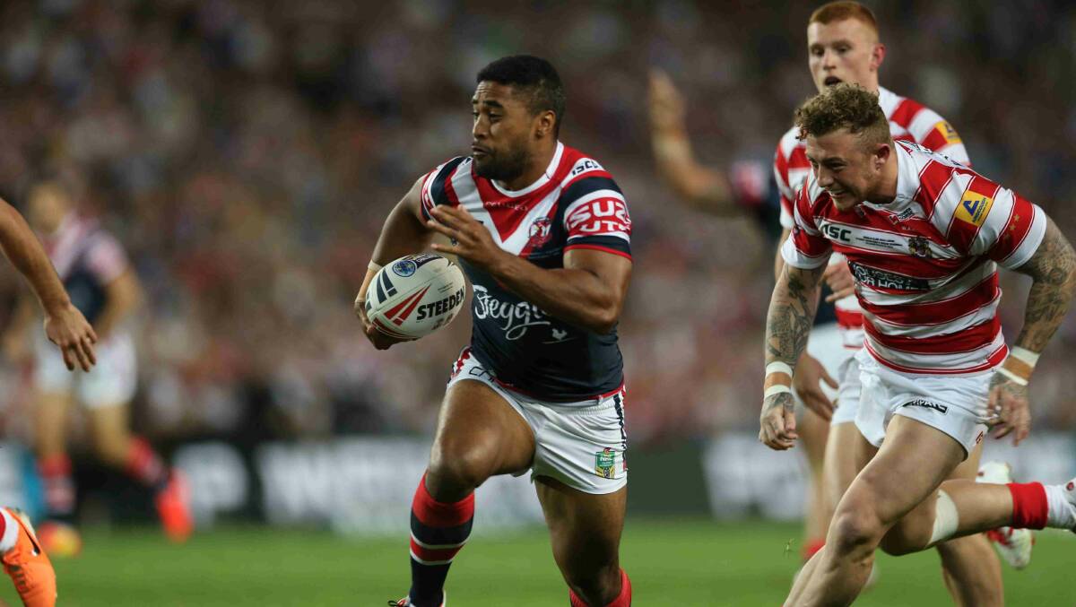 Michael Jennings about to score for the Roosters in the World Club Challenge game against Wigan Warriors at Allianz Stadium. Picture: Anthony Johnson