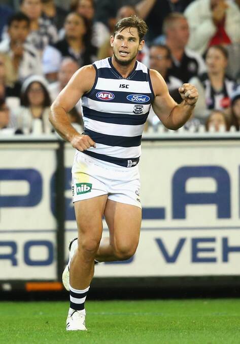 Tom Hawkins of the Cats celebrates kicking a goal during the round three AFL match at the MCG. Geelong ran out 87 points to Collingwood's 76. Picture: Getty Images