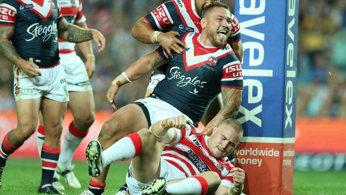 Jared Waerea-Hargreaves scores for the Roosters in the World Club Challenge game against Wigan Warriors at Allianz Stadium. Picture: Anthony Johnson