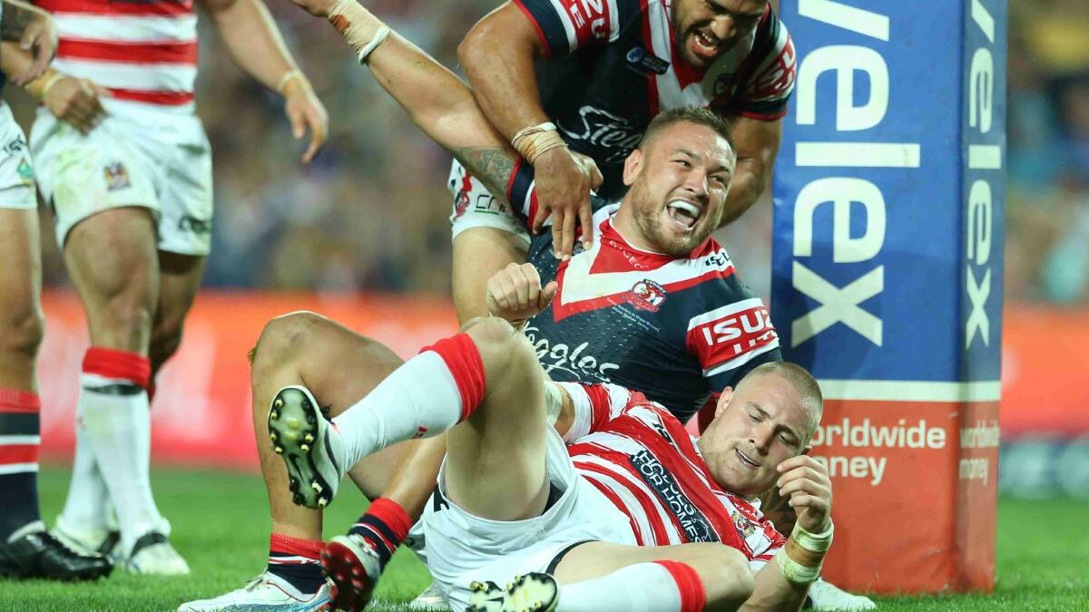 Jared Waerea-Hargreaves scores for the Roosters in the World Club Challenge game against Wigan Warriors at Allianz Stadium. Picture: Anthony Johnson