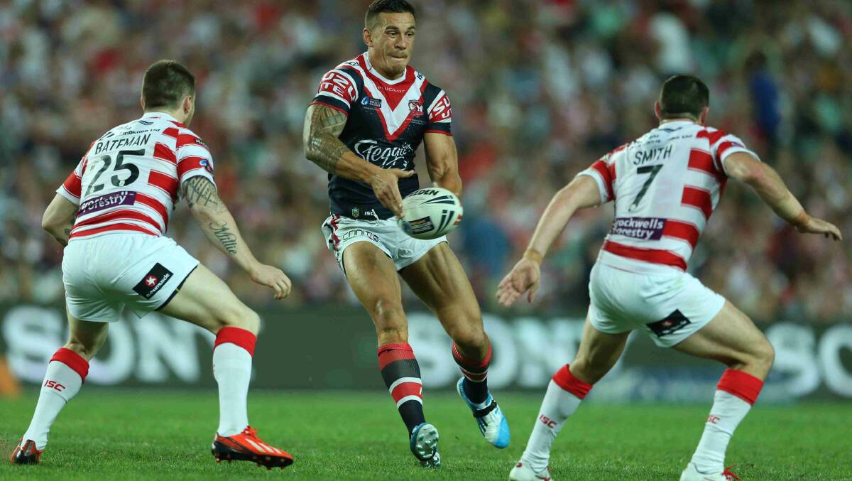 Sonny Bill Williams gets a pass away in the World Club Challenge game against Wigan Warriors at Allianz Stadium. Picture: Anthony Johnson