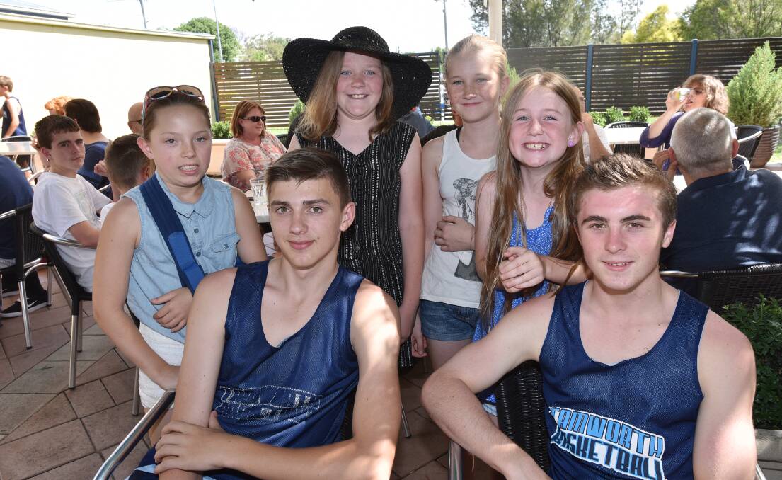 Junior basketballers (front from left) Isaac Lalor, Tom Harris, (back from left) Erin Hansen, Zhara Hudson, Angela McCubbin, and Portia McGarrity. Photo: Geoff O’Neill 221115GOG05