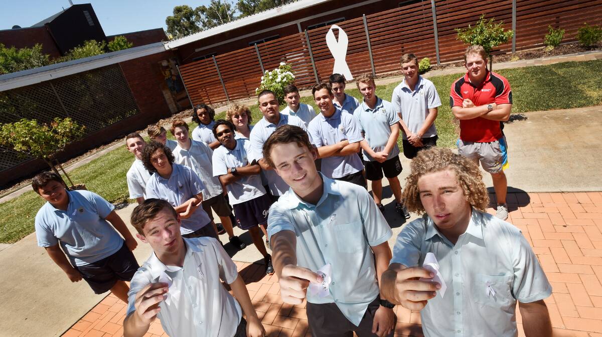 SHOWING SUPPORT: Students, front from left, Todd Cook, Kris Miller and Jac Maiden with the school’s White Ribbon Committee at the new garden in the Tamworth High School. Photo: Gareth Gardner 251115GG005