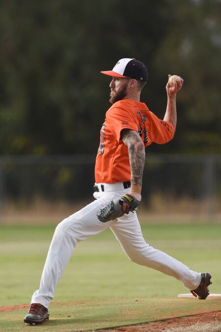 Josh Shaw was Armidale Outlaws’ first winning pitcher when he spearheaded the rain-shortened 8-3 win over Cougars on Saturday. Photo: Gareth Gardner 300416GGF05