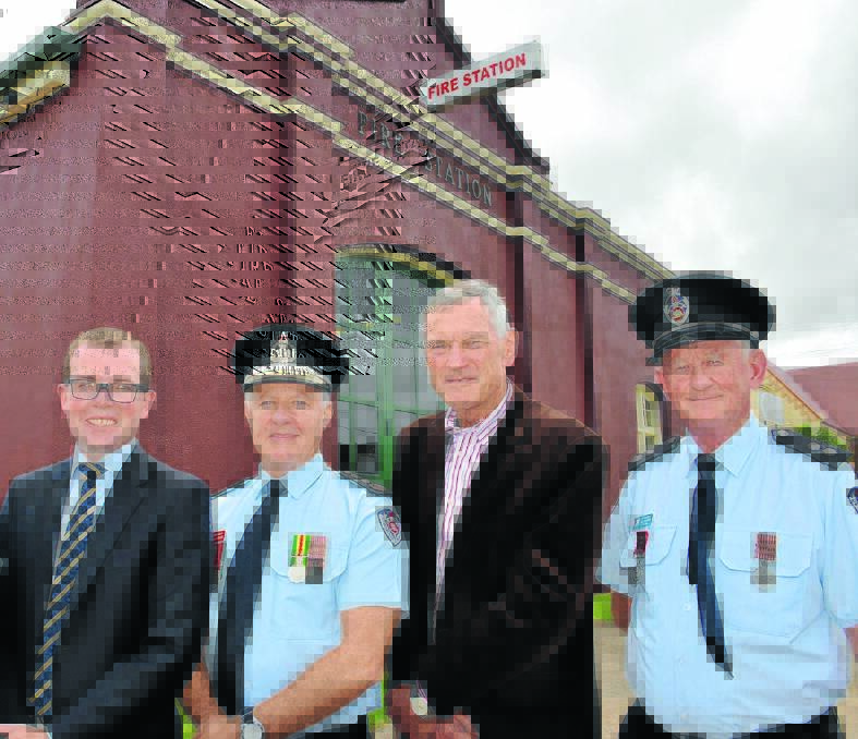 Local MP Adam Marshall, Fire and Rescue NSW Commissioner Greg Mullins, Glen Innes mayor Colin Price and Captain of the Retained Fire Brigade Earl Sharman outside the 100-year-old station. Photos: Glen Innes Examiner