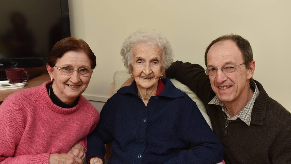 CENTURY BEATEN: Leopolda Figar celebrated her 101st birthday yesterday with daughter, Maria Davidson and son, Ivan Figar at Nazareth House. Photo: Geoff O’Neill 160715GOE02