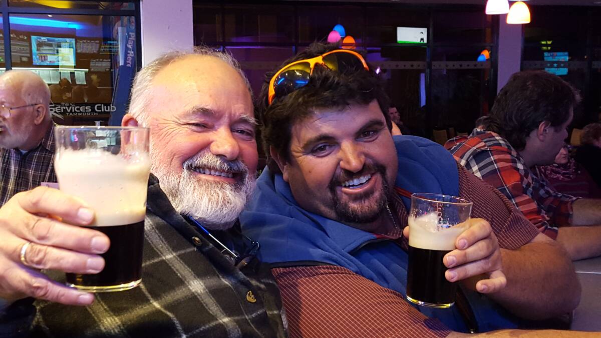 A couple of beer buddies - Dave Pianoman, left, a grey nomad, and Tamworth's Simon Ware, caught up for a few quiet ales at Tamworth Services Club to enjoy the music of Simply Bushed on Friday night.