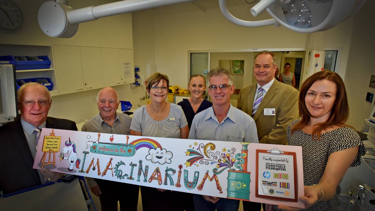 NO LIMITS: Tamworth hospital’s Imaginarium project was launched yesterday. From left, Newcastle Permanent Charitable Foundation chairman Michael Slater, One of a Kind president Geoffrey Furlong, Newcastle Permanent Tamworth branch manager Julie Callander, hospital staffer Erin Wood, TW Signs manager Wayne Turner, Tamworth hospital general manager Brad Hansen and graphic designer Christine Murphy. Photo: Geoff O’Neill 251115GOA01
