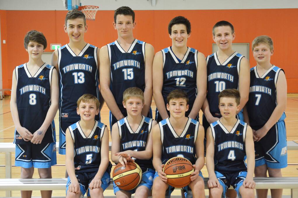 Perth-bound Tamworth Under 14 Boys Thunderbolts (front from left) Julian Fuller, Rowan Meyers, Rohan Birrell and Tom Sheppard (back from left) Lachlan Damir, Connor Watt, Nathan Clark, Ryan Bath, Ben Pearce and William Meyers. 
Photo: Barry Smith 210715BSB28