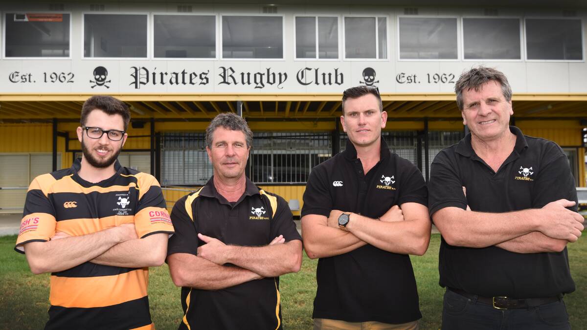 Pirates Rugby club has taken on new coaches in all four grades as they begin preparations for season 2016. Coaches Jamieson Murphy (U18's), Paul Newell (Reserves), Jack Walsh (Firsts) and club president Stuart Prowse are looking forward to a big year of Central North rugby. Photo: Geoff O'Neill 221215GOE01
