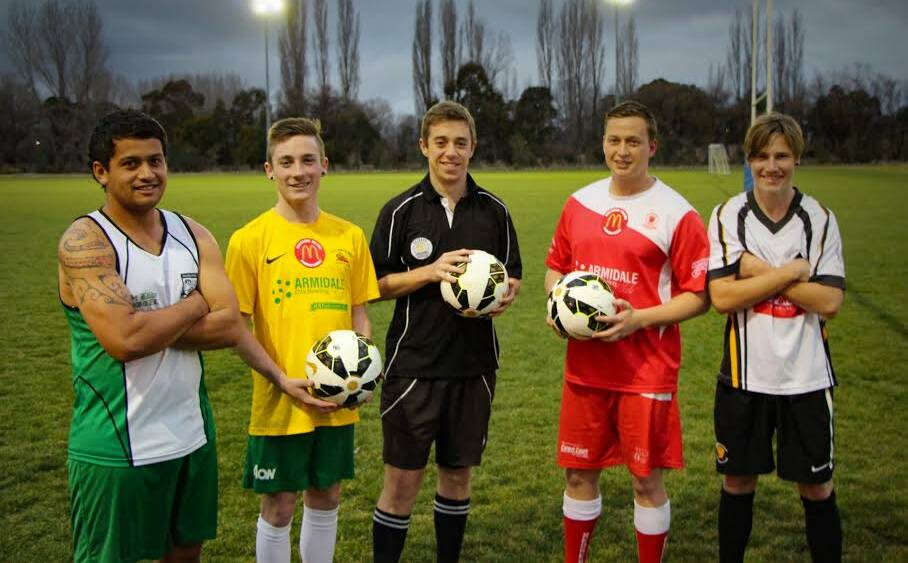 Armidale’s players selected to play with the Newcastle Jets on Friday night (from left) Hoani Morell (East Armidale), Cody Watts (South Armidale Scorpions), Callan MacGregor (Demon Knights), Declan Druitt (North Armidale Redmen) and referee Travis Heffernan.  Absent is Navid Aminian, a UNE medical student who will also be playing with the team.