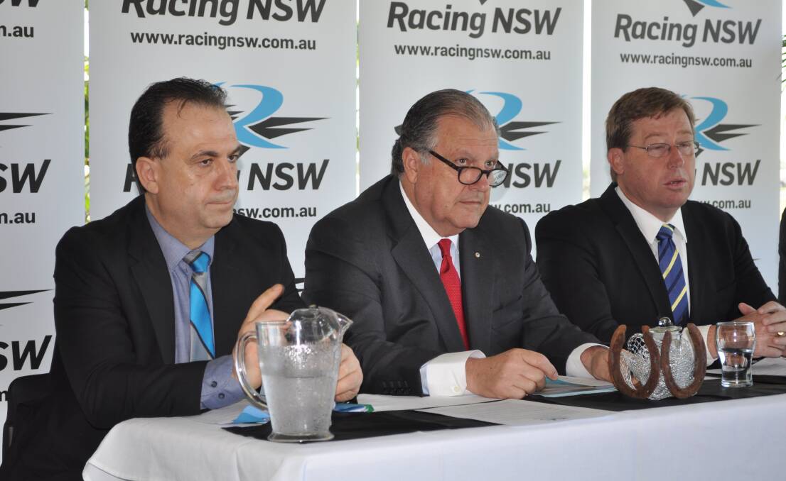 Racing NSW CEO Peter V’Landys (left), Racing NSW Chairman John Messara (middle) and NSW Racing Minister Troy Grant announce the prizemoney increases in Dubbo yesterday. Photo: Ben Walker, Dubbo Daily Liberal.