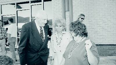 Gough Whitlam with Francie Magnusson (now McLean) and her mum Carlie after a handover of charity funds for the craft expo they'd helped run.