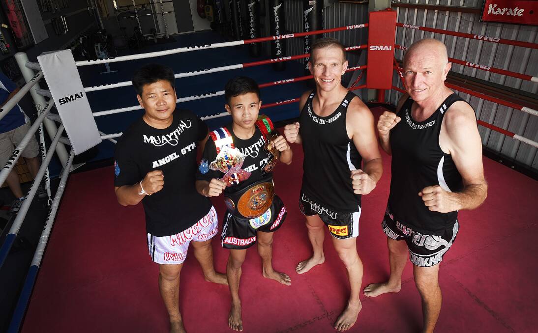 Preparing  for the Muay Thai clinic run by two legends of the sport in Tamworth on Wednesday were (from left) Master Pit, Satanmuanglek, Scott Chaffey and Clint Chaffey. Photo: Gareth Gardner 130116GGD02
