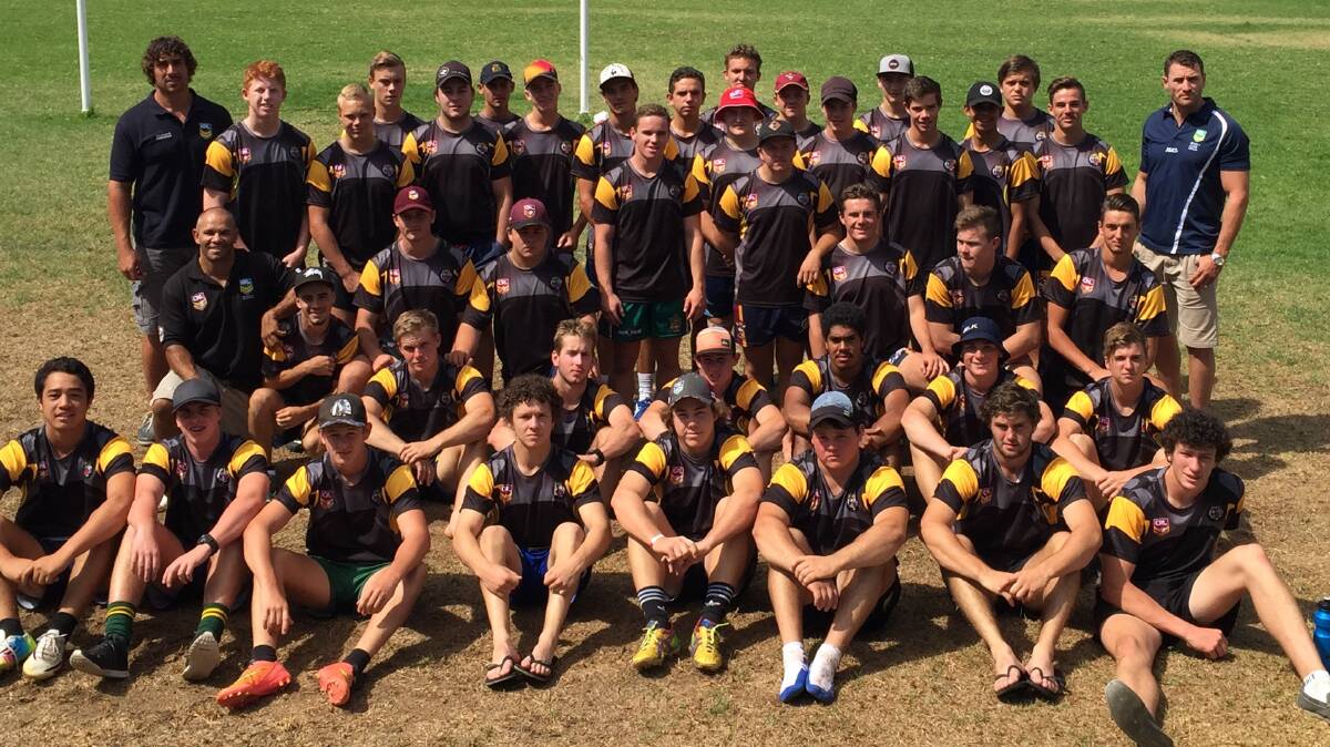 Dennis Moran (middle left) , Tom Learoyd-Lahrs (back left) and Ben Smith (back right)  joined the Greater Northern Tiger Under 16 and 18 sides for their Good Friday training run in Tamworth. Photo: Scott Bone