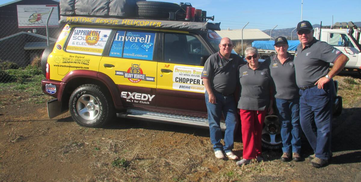 BOUND FOR ADVENTURE: Pictured at the Tamworth rescue helicopter base on Saturday were, from left, Jeff and Sue Lowe, and Graeme and Wendy Mudge, with the Lowes' eye-catching vehicle.