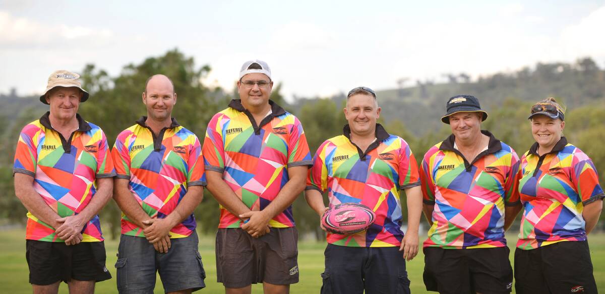 At the World Cup on the Sunshine Coast this week are Tamworth refs (from left) Brian Bolton, Tony Mumford, Damien Allan, Rodney Fensbo, Trevor Wann and Natasha Allan. Absent – Garry Semms. Photo: Barry Smith  261115BSD01