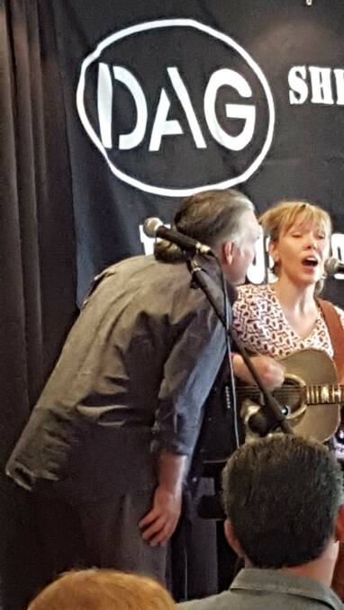 Kevin Bennett jumps in to do harmonies with the lovely Felicity Urquhart at The DAG Sheep Station on Saturday.