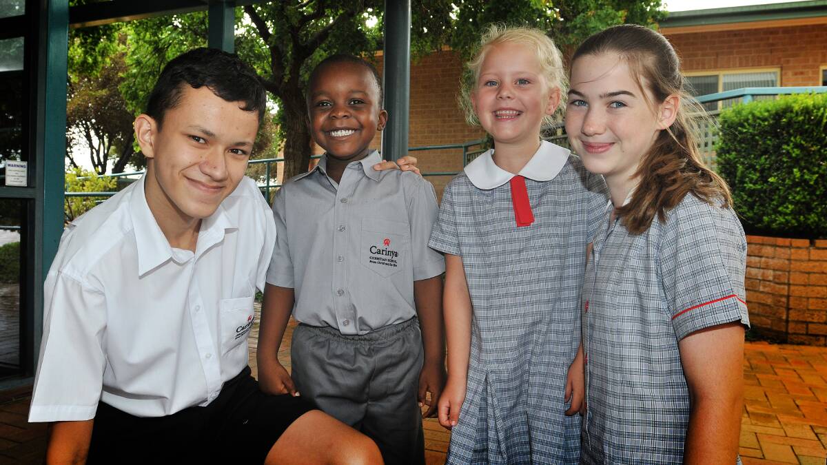 SCHOOL'S IN: Carinya Christian School students, from left, James Williams, Farai Hove, Miley Smith and Hannah  . Photo: Geoff O'Neill 270115GOC02