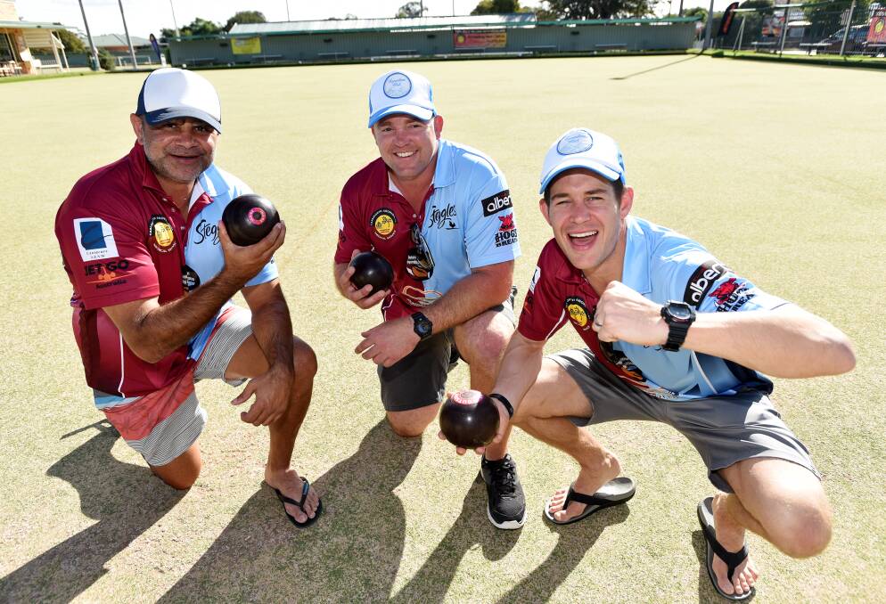 Origin legends (from left) Nathan Blacklock, Mark O’Meley and Ash Harrison were having a roll with sponsors and fans at North Tamworth yesterday before the Origin clash at Jack Woolaston Oval this afternoon. Photo: Geoff O’Neill 150416GOC01