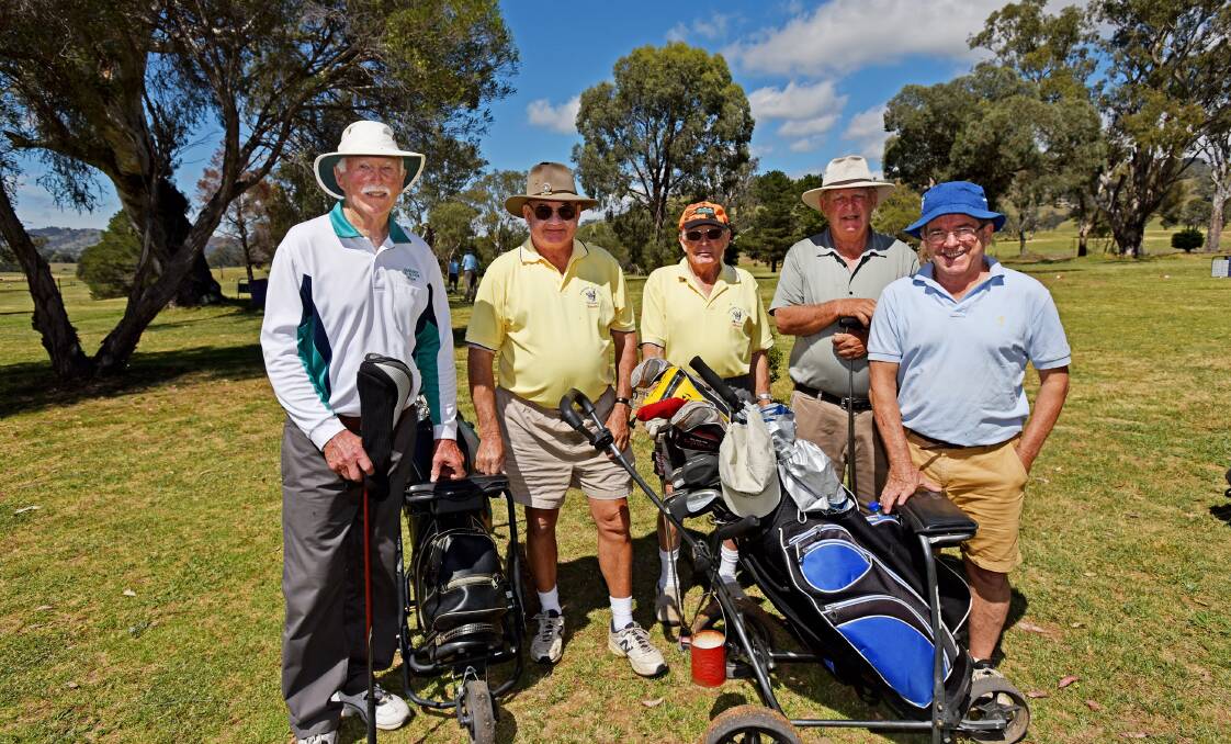 Among more than 70 golfers who teed off in yesterday’s Vets Open at Nundle were (from left) Allan Jeffkins, Neville Cruickshank, Henry Constable, Phil Eather president) and Andrew Frost.  Eather finished runner-up in Division 2.  Photo: Geoff O’Neill 301015GOB03