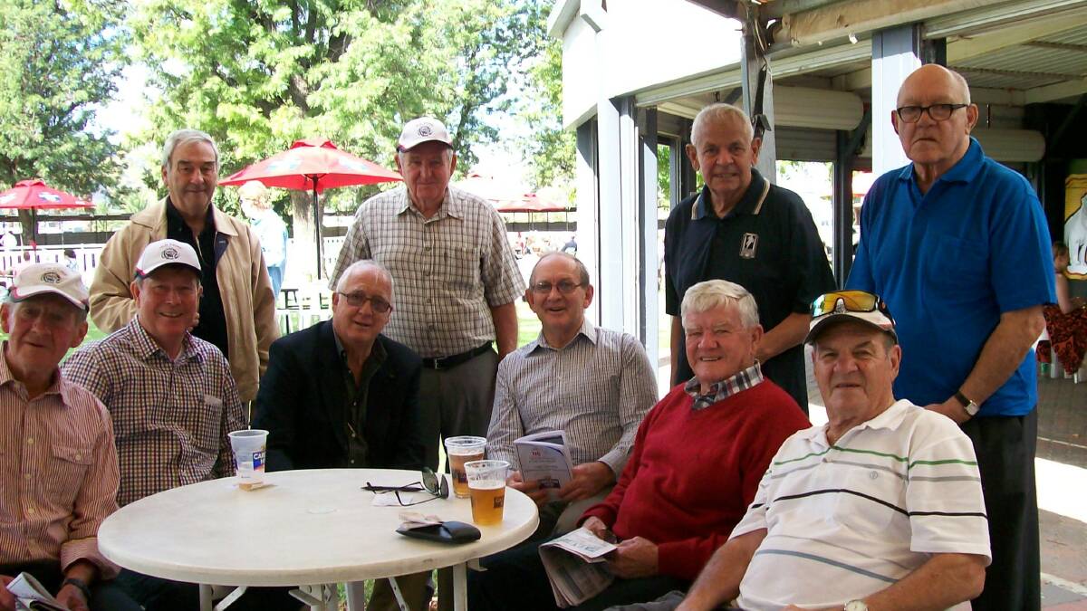 Old Lions celebrating a Tamworth Cup day out before their big June reunion. (Back standing from left) Arthur Ruttley, Bob  Larden, Stan Porter, Ron Porter (sitting from left) Mike Cashman, David Head, Jim Cox, Ken Thompson, Barry Lavell and Barry Lingwood.