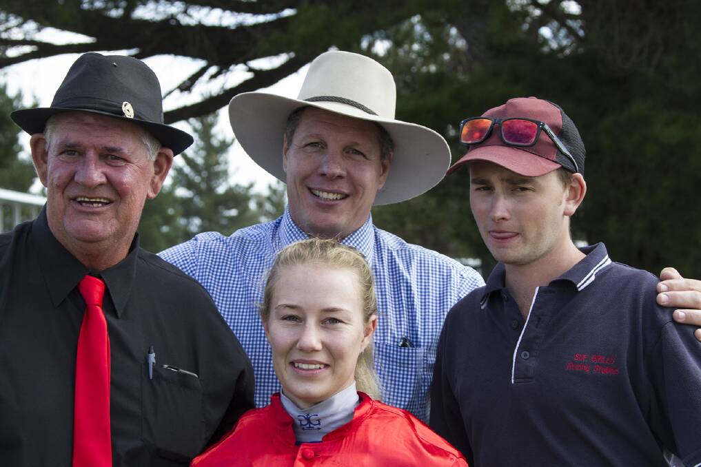 Todd Grills (right) with winning jockey Sophie Young and Deepwater Cup sponsors (from left) Jack Lynch and Todd Wilshire. Photo: John Hamilton