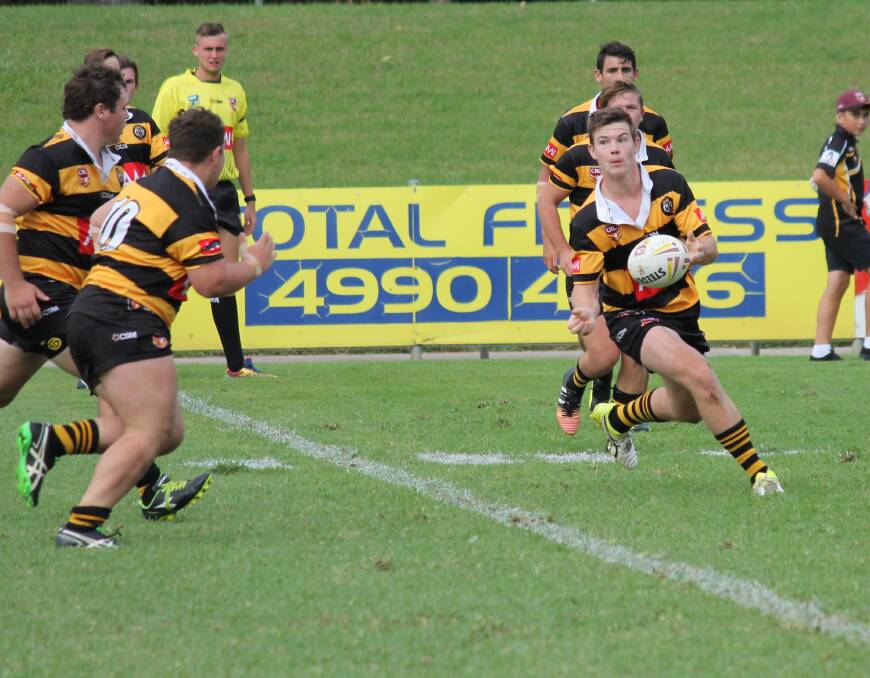 Lewis Hamilton sends his Greater Northern Tiger Under 18 teammates on the attack at Cessnock last Saturday. Tomorrow they tackle Western in a tough semi- final in Dubbo. Photo:  Scott Bone