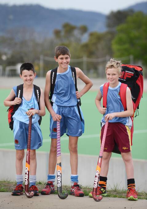 Their bags are packed and they are ready to fly. Tamworth's three NSW Blues Under 13 representatives (from left) Lachlan Butler, Toby Whitten and Calvin Farmilo. Photo: Barry Smith  300914BSE02