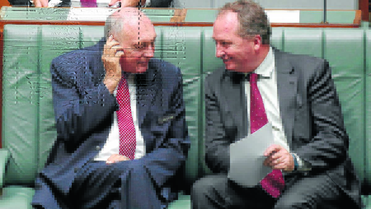 STEPPING DOWN: Deputy Prime Minister Warren Truss and Agriculture Minister Barnaby Joyce in discussion during the Closing the Gap statement in the House of Representatives at Parliament House in Canberra yesterday. Photo: Alex Ellinghausen