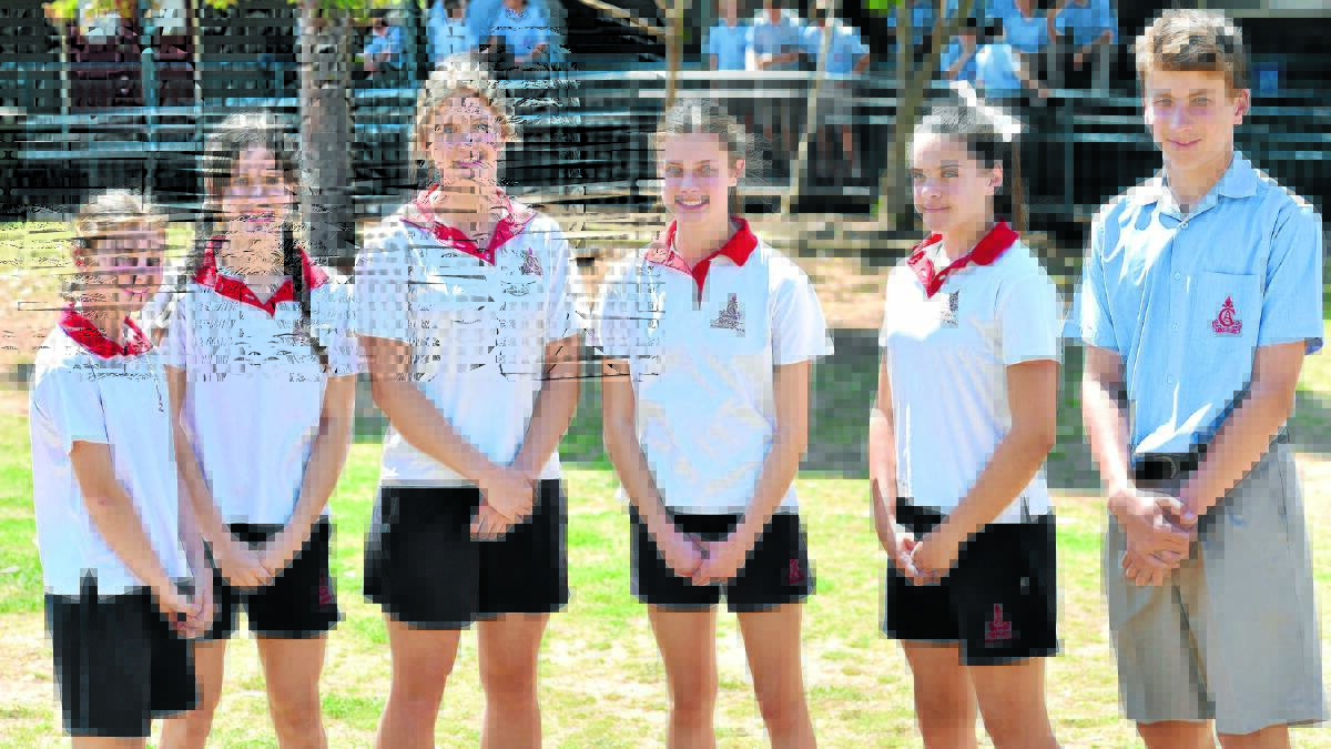 Sydney-bound Calrossy athletes for the State All Schools are (from left) Ellie New, Sophie Hedley, Sharnee Magner, Grace Barry, Emma Klasen, Will Burnett. Absent – Nathan Clark. Photo: Geoff O'Neill 061015GOD01