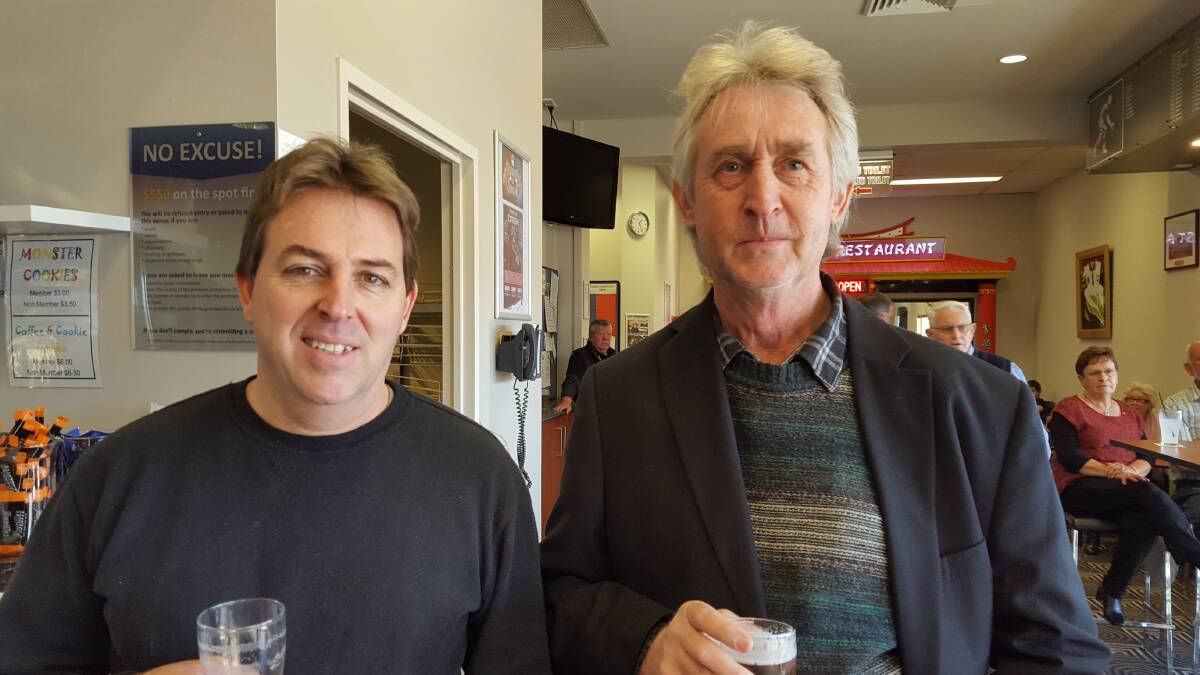Tamworth drummer Steve Whitby talking music with his mate, John Guyer, at South Tamworth Bowlo.