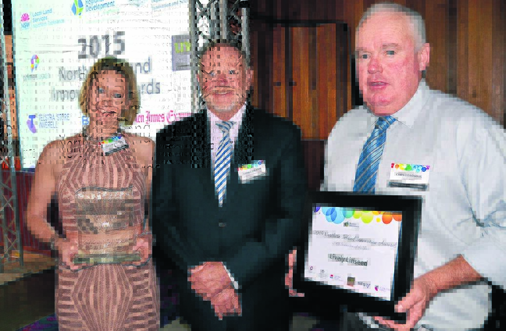 HIGH PRAISE: RDA Northern Inland chairman Russell Stewart, centre, presented the 2015 Northern Inland Innovation of the Year award to Lively Linseed’s Jacqueline and Chris Donoghue.