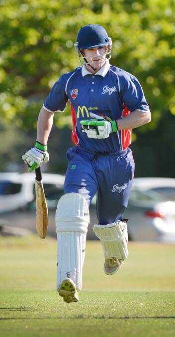 Campbell Baker on the run for his Steggles T20 side in Tamworth. Yesterday he was the Emus’ topscorer in their first loss of the NZ tour. Photo: Barry Smith 181215BSE34