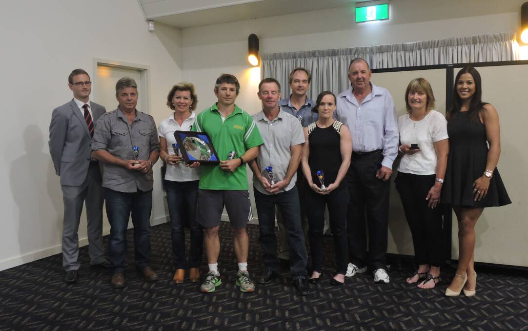 Senior Sports Star of the Year Jay Stone (front green shirt) with fellow finalists (from left) Pat Crick  (Armidale City Bowling Club), Staurt Houghton, Roberta Thompson, Paul Slade, Johan Boshoff, Mandy Hagstrom, Brian Lockyer and Amanda Carr, and special guest Tiana Penitani.