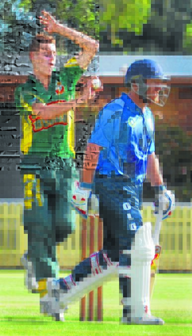 Lachlan Davidson about to unleashes Old Boys Simon Norvill looks on. Davidson finished with 5-24 to skittle the OB batting with some early breakthroughs. Photo: Chris Bath 050216CBA
