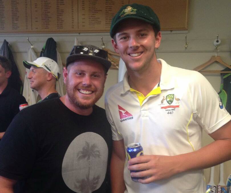Matty Crowe (left) and Josh Hazlewood celebrate the Australian Second Test win in the Aussie dressing room at Lords. Way to wag Matty.