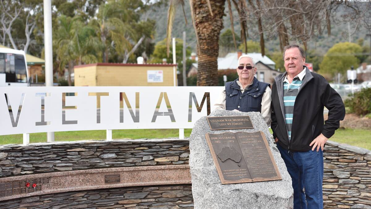 MATES REMEMBERING MATES: Bob Veall and Wally Franklin are among the Vietnam War veterans who will gather tomorrow in Tamworth for the Vietnam Veterans Day service. Photo: Geoff O’Neill 160715GOD01