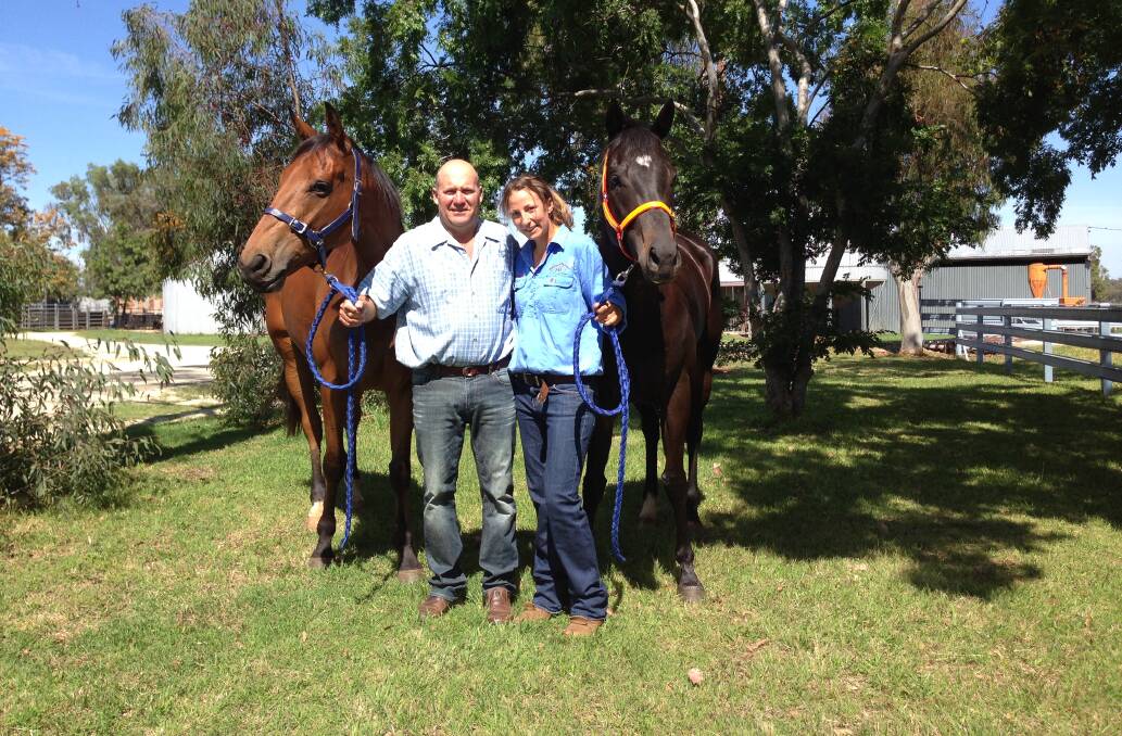 Steve Lennon and daughter-in-law Therese Lennon with their two starters at Inverell today, After The Bounce and Dance Chelle.