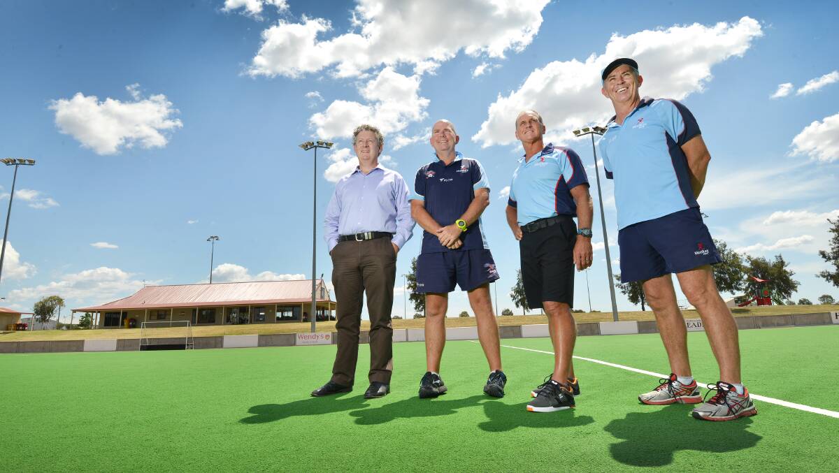 Ready and raring to go for this weekend’s AAP camp are (from left) Mark O’Connor (Tamworth Hockey President), Blair Chalmers (Northern Inland Regional Coaching Co-ordinator Hockey NSW), Warren ‘Busta’ Birmingham (Coaching Director Hockey NSW) and Richard Willis (Player Pathway Manager Hockey NSW). Photo: Barry Smith 120216BSF01