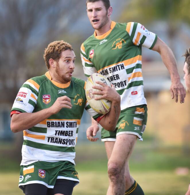 Walcha winger Adam Patterson prepares for a collision as lock Lachlan Brown lurks in the  background ready for the next hit-up or to back up a bust. Photo: Barry Smith 250715BSD46