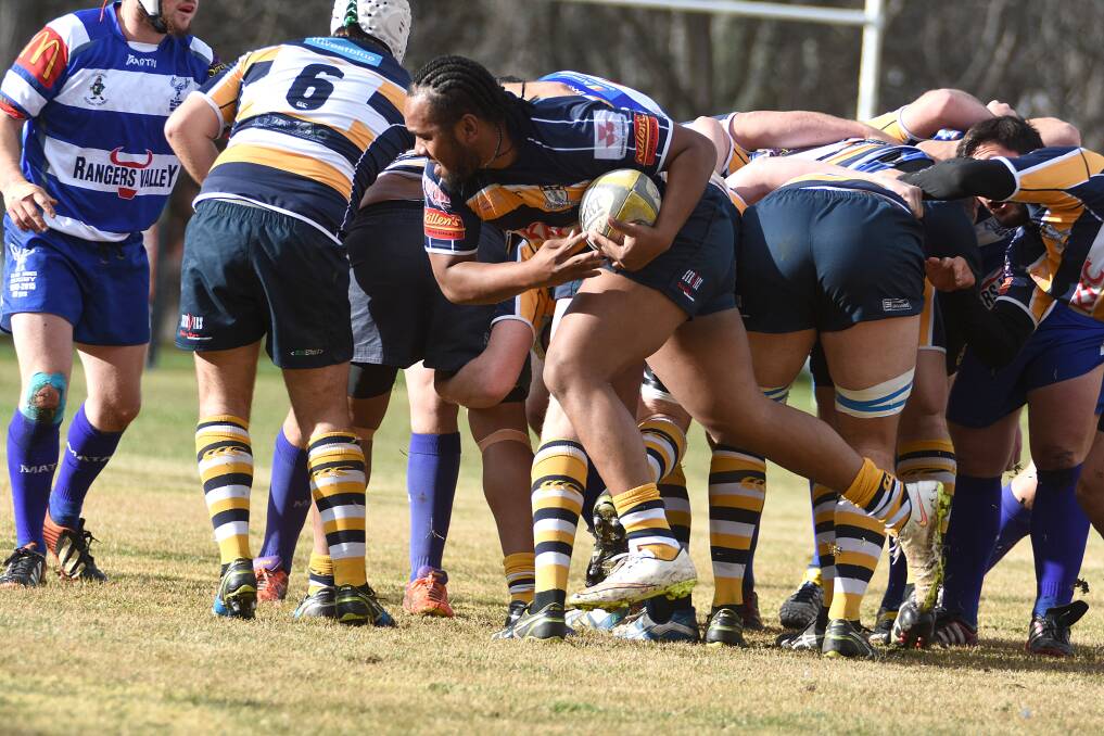Armidale No 8 Jone Tiko takes off from the scrum base in the match against Glen Innes at Moran Oval on Saturday. Photo: www.pixonline.com.au